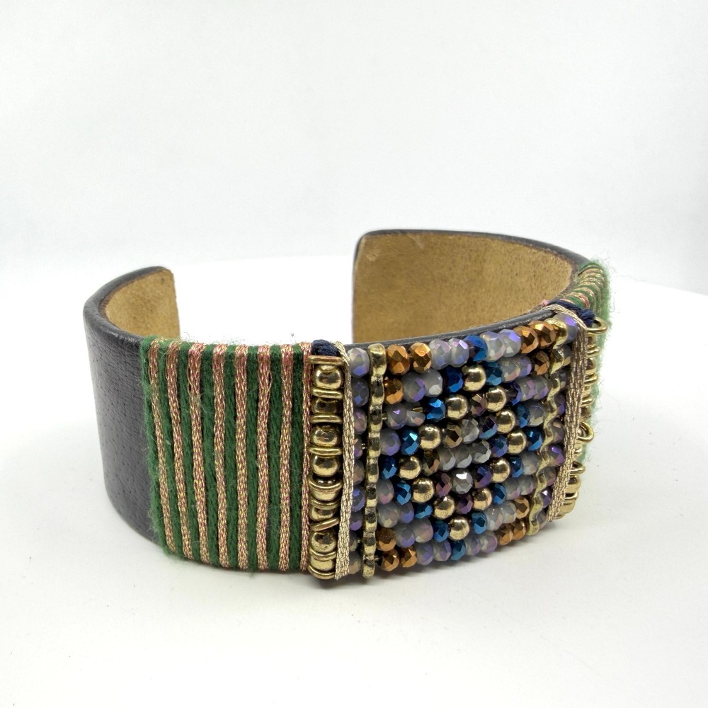 Boho Statement Cuff Bracelet Green Thread Beaded Metallic Accent Festival Gift